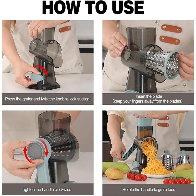 3 - in - 1 Rotary Cheese Grater – Versatile Manual Vegetable Slicer & Nut Grinder (Blue) - BOUTIQUEAMINESHOP.onlin