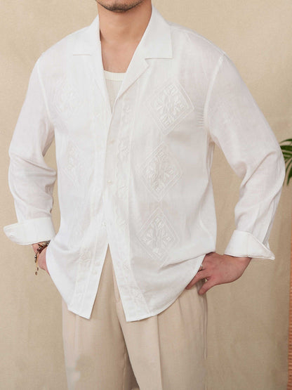 Cotton And Linen Thin Embroidery Cuban Collar Long Sleeve Sunscreen Shirt - BOUTIQUEAMINESHOP.onlin