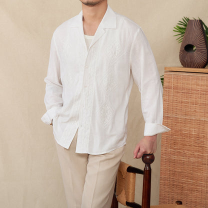 Cotton And Linen Thin Embroidery Cuban Collar Long Sleeve Sunscreen Shirt - BOUTIQUEAMINESHOP.onlin