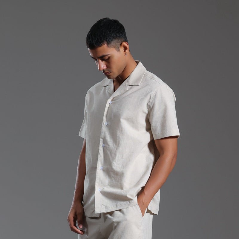 Cuban Collar Linen Cotton Blended Short - sleeved Shirt - BOUTIQUEAMINESHOP.onlin