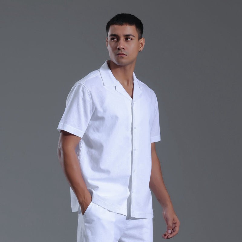 Cuban Collar Linen Cotton Blended Short - sleeved Shirt - BOUTIQUEAMINESHOP.onlin