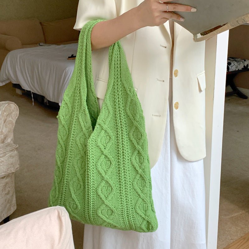 GWomen Shoulder Bags Portable Retro Hollow Knitted Woolen Yarn Bag Shoulder Tote Bag Solid Color Crochet Bag Large Capacity Shopping Tote Bags - BOUTIQUEAMINESHOP.onlin
