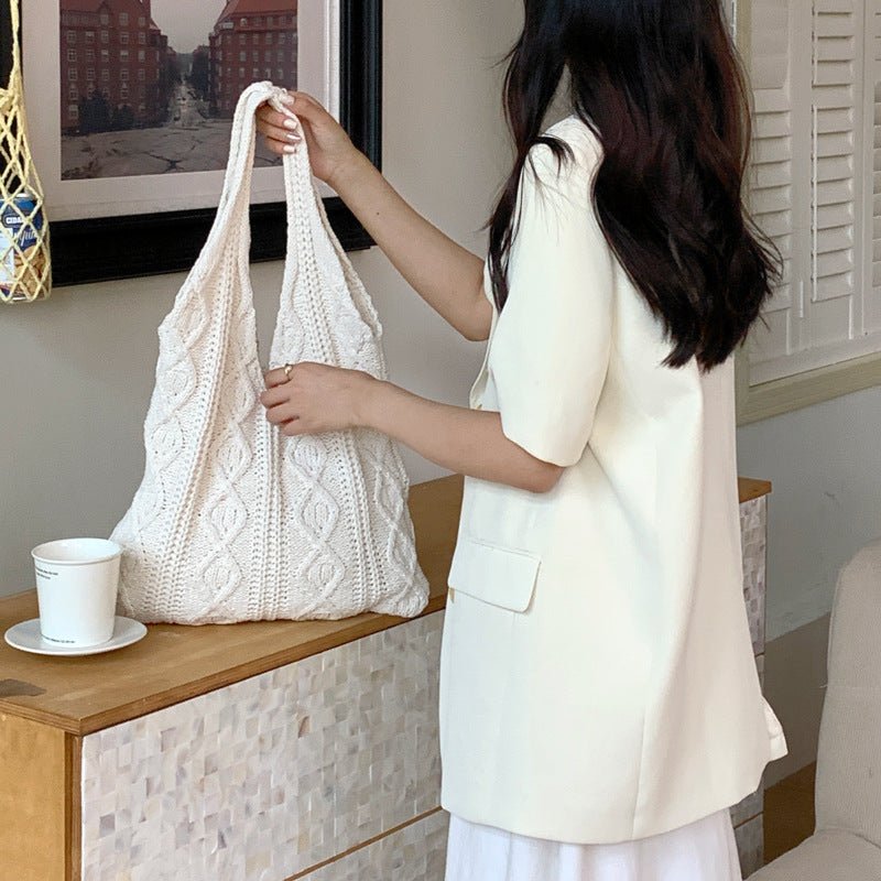 GWomen Shoulder Bags Portable Retro Hollow Knitted Woolen Yarn Bag Shoulder Tote Bag Solid Color Crochet Bag Large Capacity Shopping Tote Bags - BOUTIQUEAMINESHOP.onlin