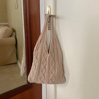GWomen Shoulder Bags Portable Retro Hollow Knitted Woolen Yarn Bag Shoulder Tote Bag Solid Color Crochet Bag Large Capacity Shopping Tote Bags - BOUTIQUEAMINESHOP.onlin