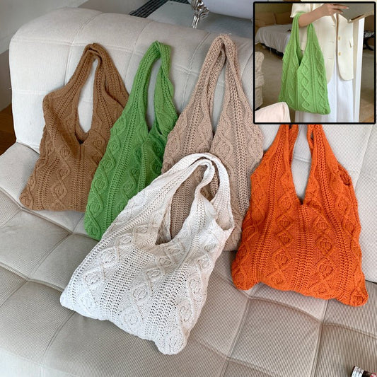GWomen Shoulder Bags Portable Retro Hollow Knitted Woolen Yarn Bag Shoulder Tote Bag Solid Color Crochet Bag Large Capacity Shopping Tote Bags - BOUTIQUEAMINESHOP.onlin