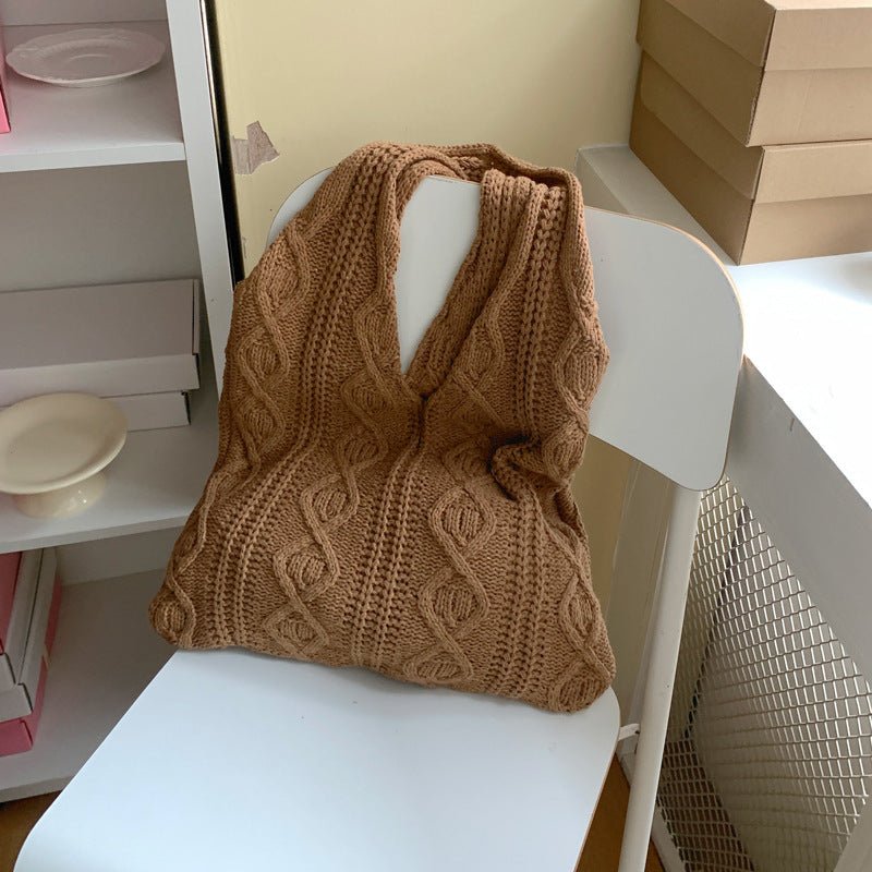 GWomen Shoulder Bags Portable Retro Hollow Knitted Woolen Yarn Bag Shoulder Tote Bag Solid Color Crochet Bag Large Capacity Shopping Tote Bags - BOUTIQUEAMINESHOP.onlin
