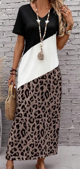 Leopard Print Colorblock Long Summer Tee Dress With Seelves - BOUTIQUEAMINESHOP.onlin