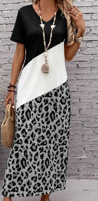 Leopard Print Colorblock Long Summer Tee Dress With Seelves - BOUTIQUEAMINESHOP.onlin
