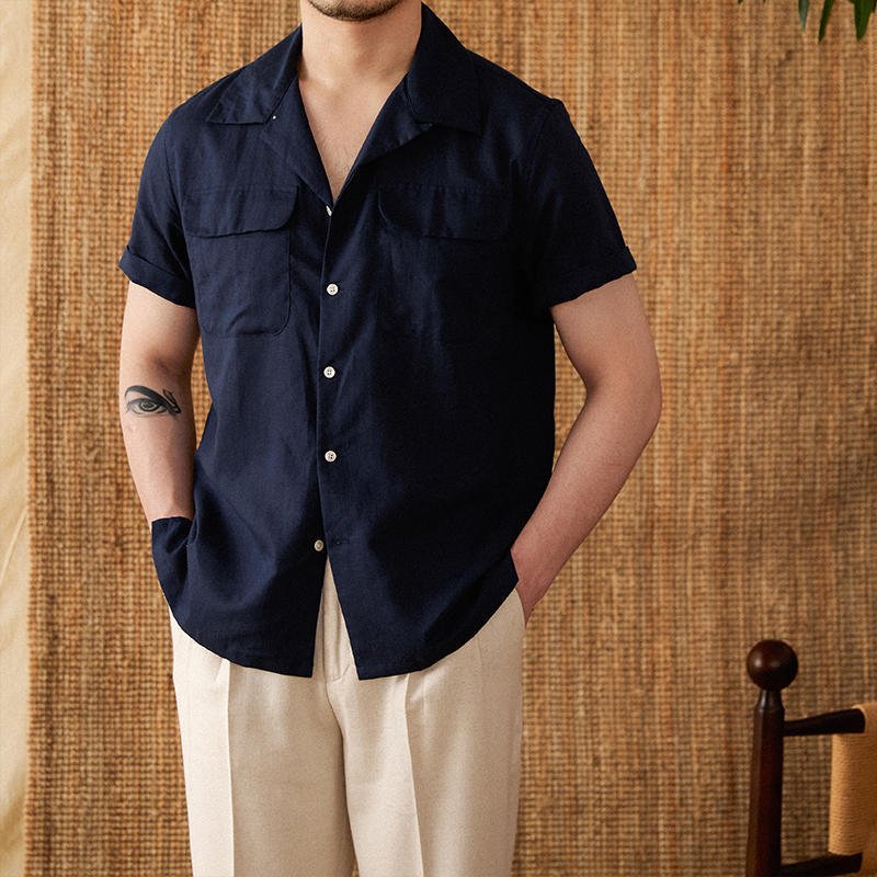 Men's Short - sleeved Summer Cotton And Linen Cuban Collar Shirt - BOUTIQUEAMINESHOP.onlin