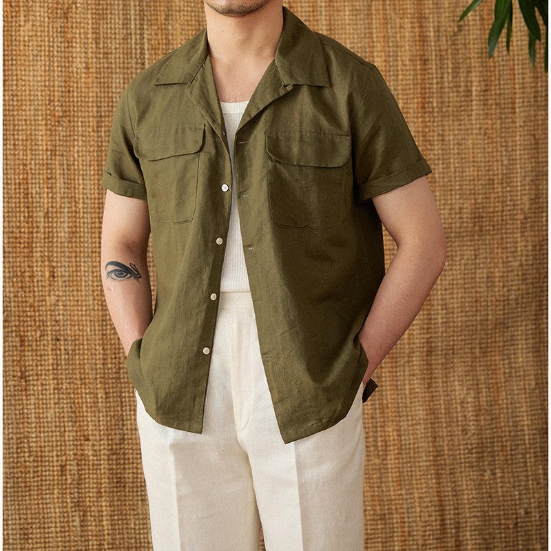 Men's Short - sleeved Summer Cotton And Linen Cuban Collar Shirt - BOUTIQUEAMINESHOP.onlin