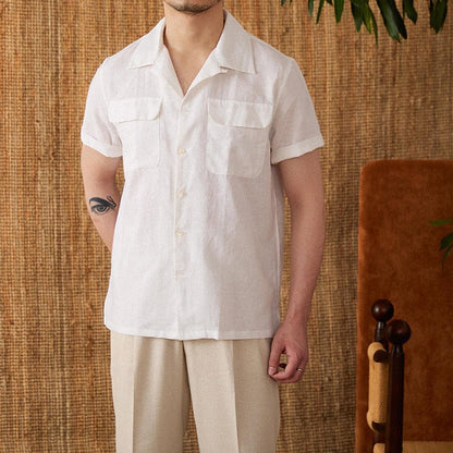 Men's Short - sleeved Summer Cotton And Linen Cuban Collar Shirt - BOUTIQUEAMINESHOP.onlin