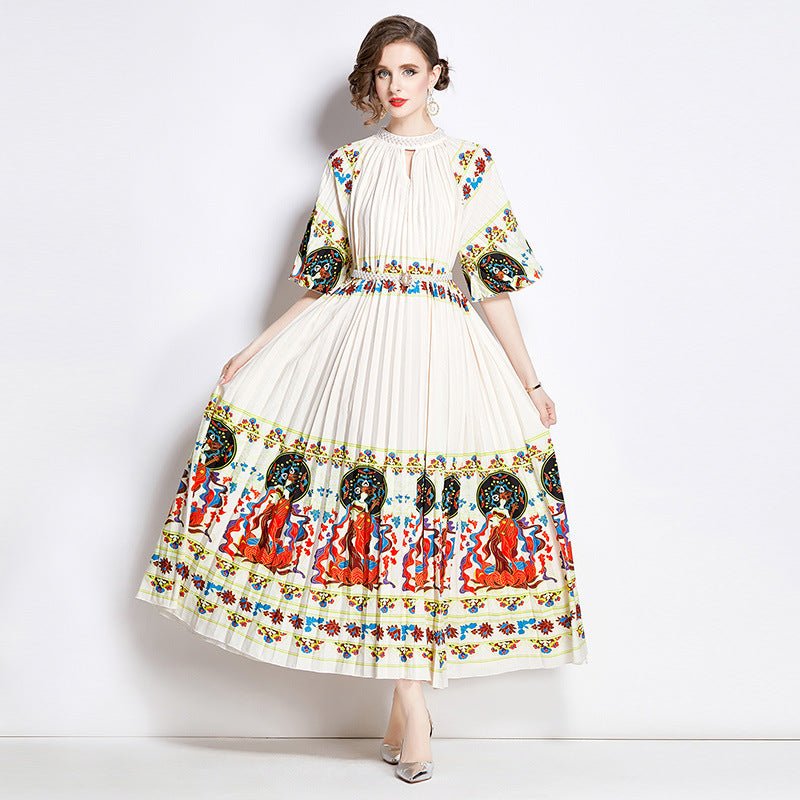 Positioning Printed Pleated Pearl Buckle Pleated Dress - BOUTIQUEAMINESHOP.onlin