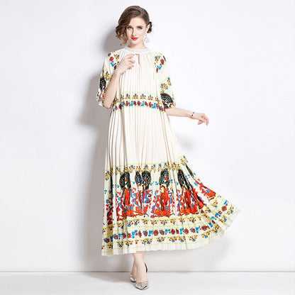 Positioning Printed Pleated Pearl Buckle Pleated Dress - BOUTIQUEAMINESHOP.onlin