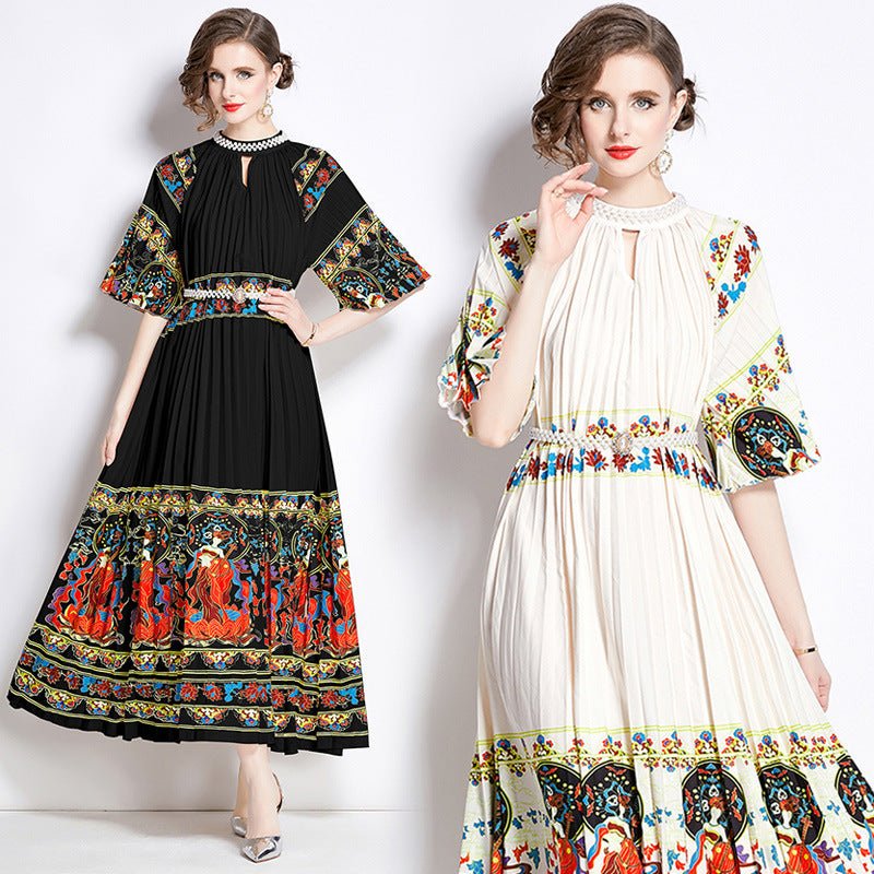 Positioning Printed Pleated Pearl Buckle Pleated Dress - BOUTIQUEAMINESHOP.onlin