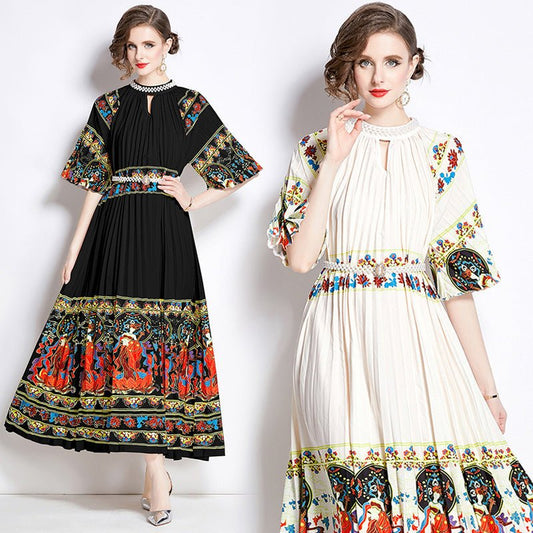 Positioning Printed Pleated Pearl Buckle Pleated Dress - BOUTIQUEAMINESHOP.onlin