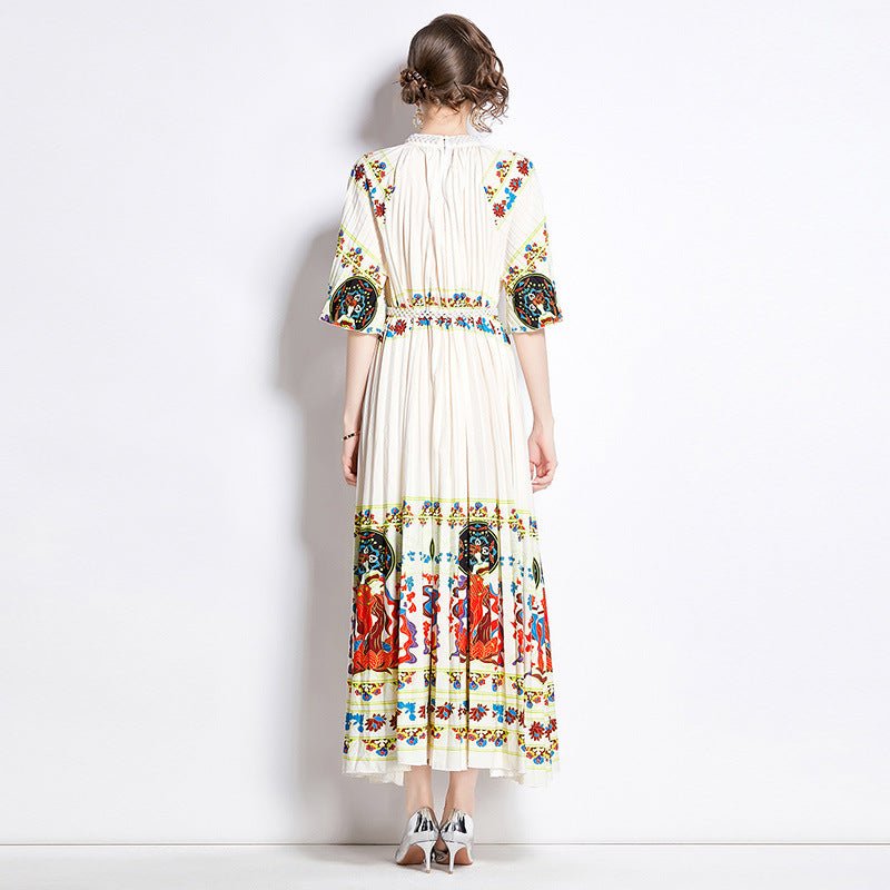 Positioning Printed Pleated Pearl Buckle Pleated Dress - BOUTIQUEAMINESHOP.onlin