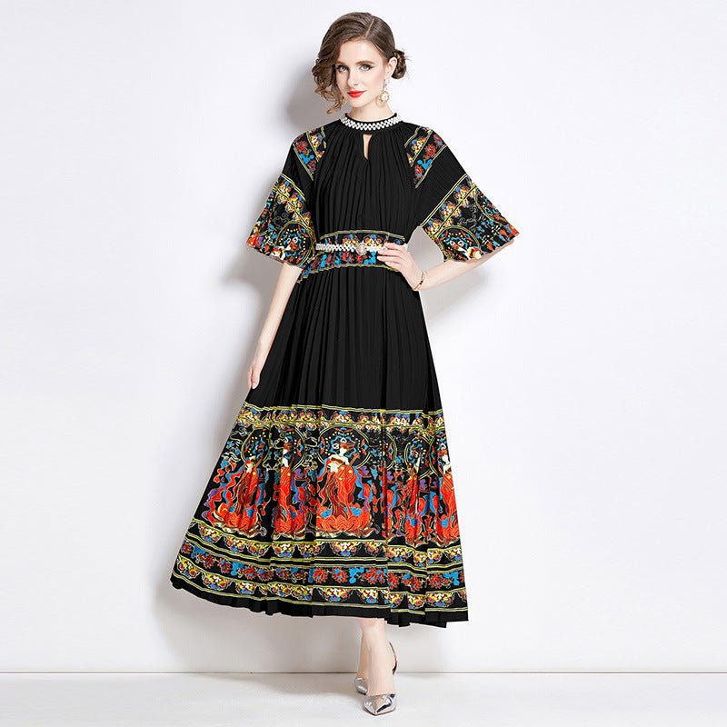 Positioning Printed Pleated Pearl Buckle Pleated Dress - BOUTIQUEAMINESHOP.onlin